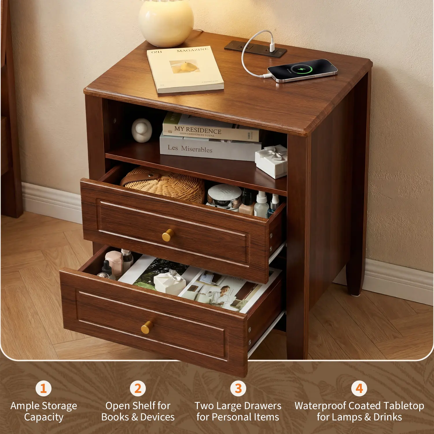 Maple Wood Engineered Side Table -  2 Drawers with Recessed Panels, Open Shelf, Tapered Legs, Gold Knobs, American Standard Socket Charging Station, Anti-Mar, for Bedroom, Entryway, Includes Assembly Guide, Recessed Drawer Panels