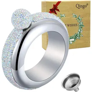 Creative 304 Stainless Steel Bangle Bracelet Hip Flask Funnel Set 3.5oz For Women Sliver With Rhinestones Lid