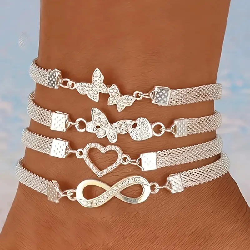 4-Piece Set: Elegant & Minimalist Layered Anklets for Women – Featuring Infinity, Heart, and Butterfly Charms; Stylish, Versatile, and Perfect for Mother's Day.