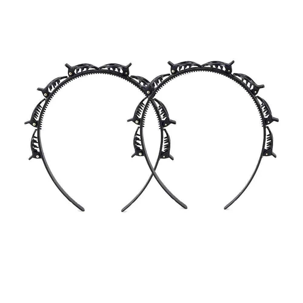 2 count Black Double Bangs Hairstyle Hairpin Headband With 8 Small Clips - Women Double Layer Twist Plait Headband Hair Tools, Headbands, Decorations