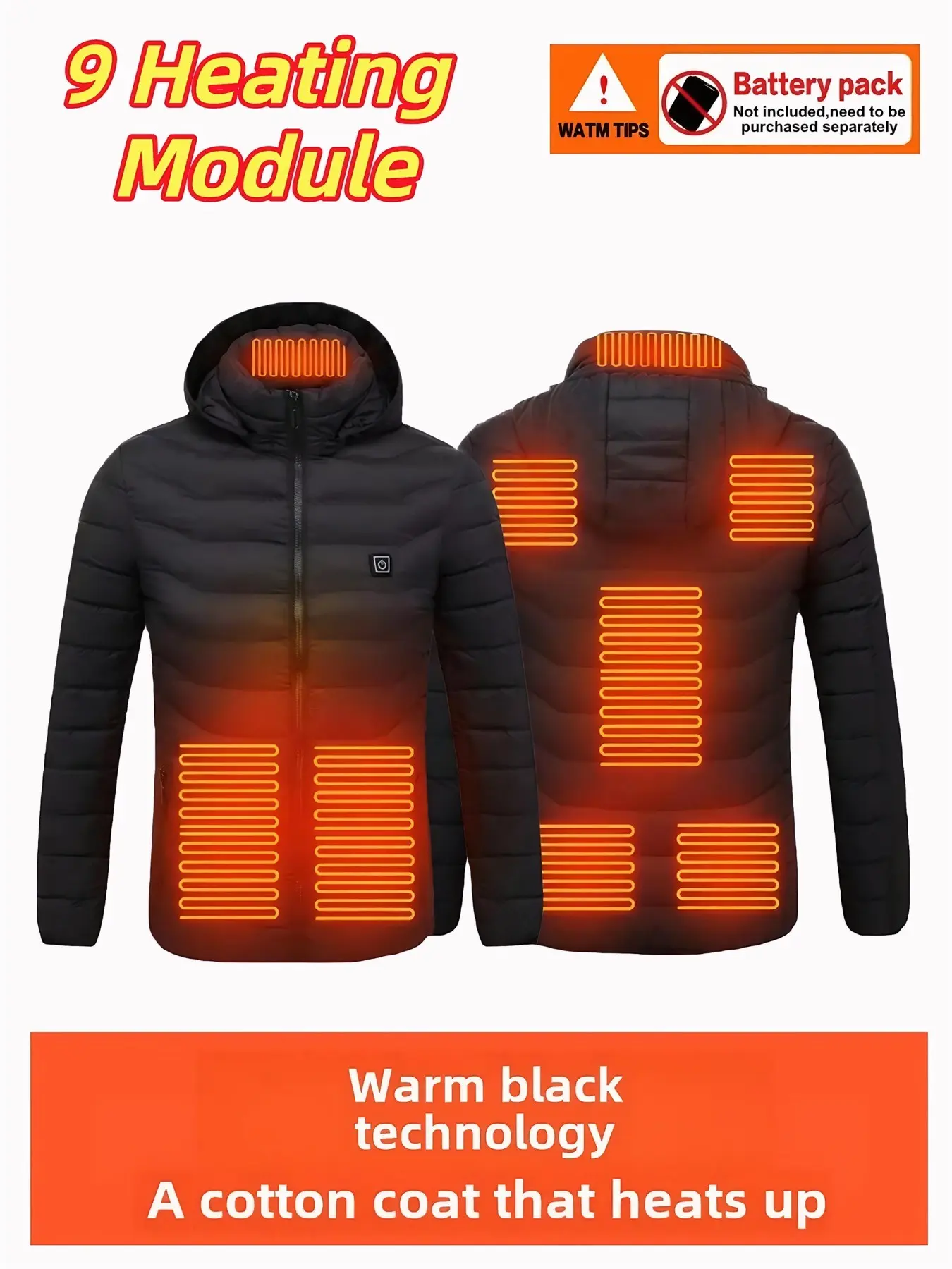 Men's Nine-Zone Electric Heating Hooded Jacket, USB Quick Heat Washable Winter Coat, Battery Pocket, Ideal for Skiing, Hunting, Hiking