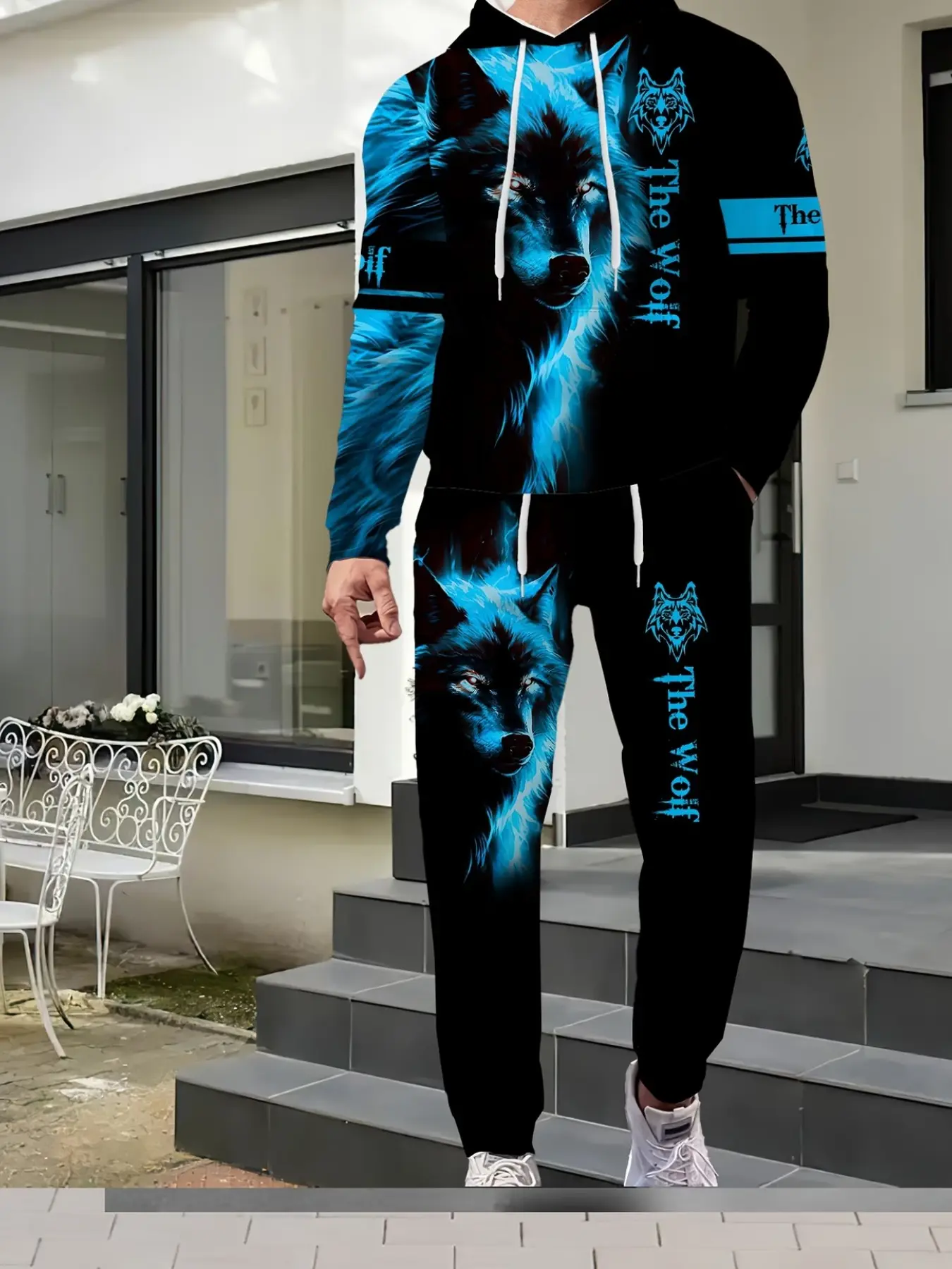 Men's 2-Piece Set Casual Wolf Print Hoodie and Pants, Trendy Long Sleeve Sweatshirt and Ankle-Length Pants, All-Season Sportswear