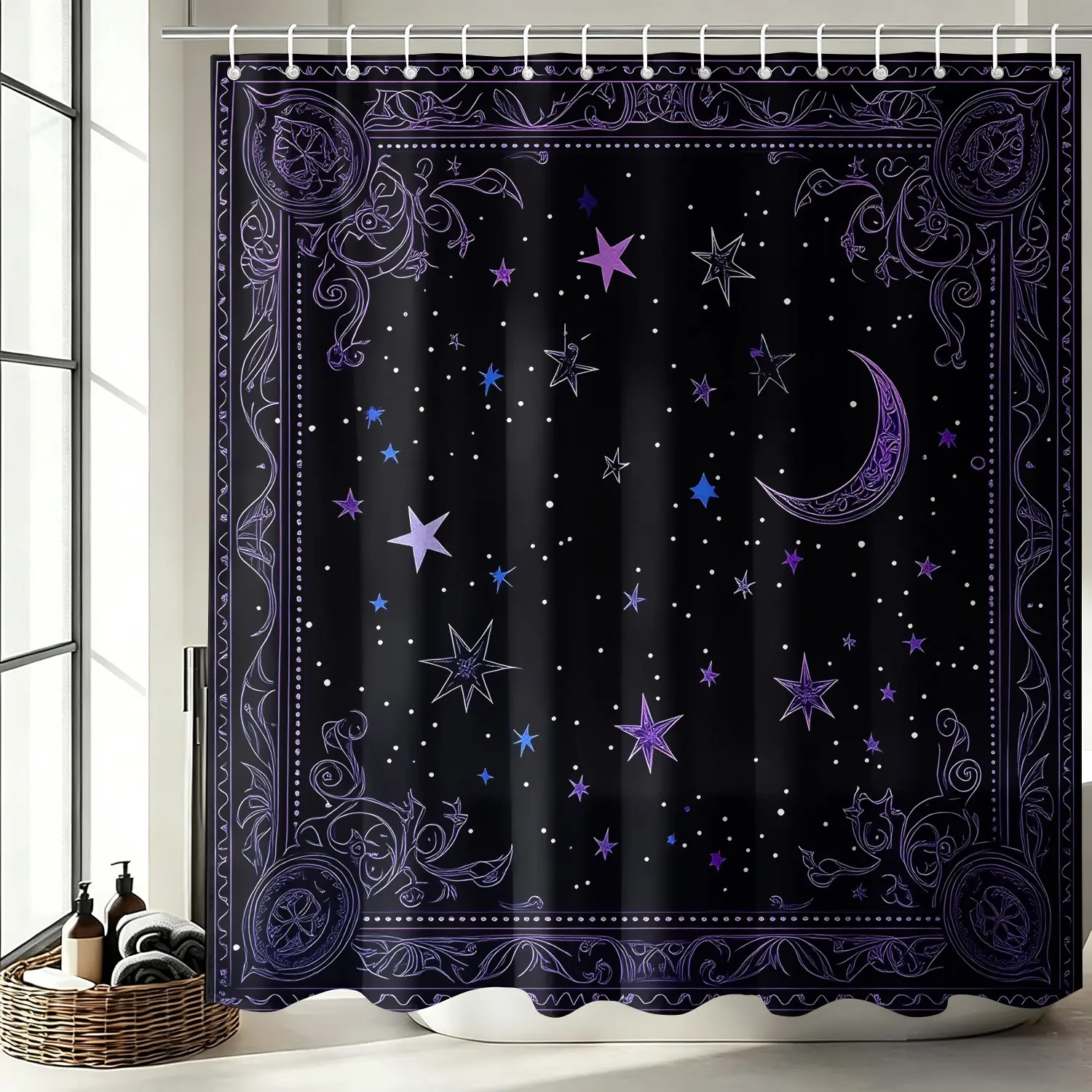 Purple Celestial Moon Star  Shower Curtain Set, Vintage Frame Bathtub Curtain, Waterproof Cloth Fabric 72"x72" with 12 Hooks, Witchy Gothic Night Sky, Mystical Dark Bathroom Decor Accessories