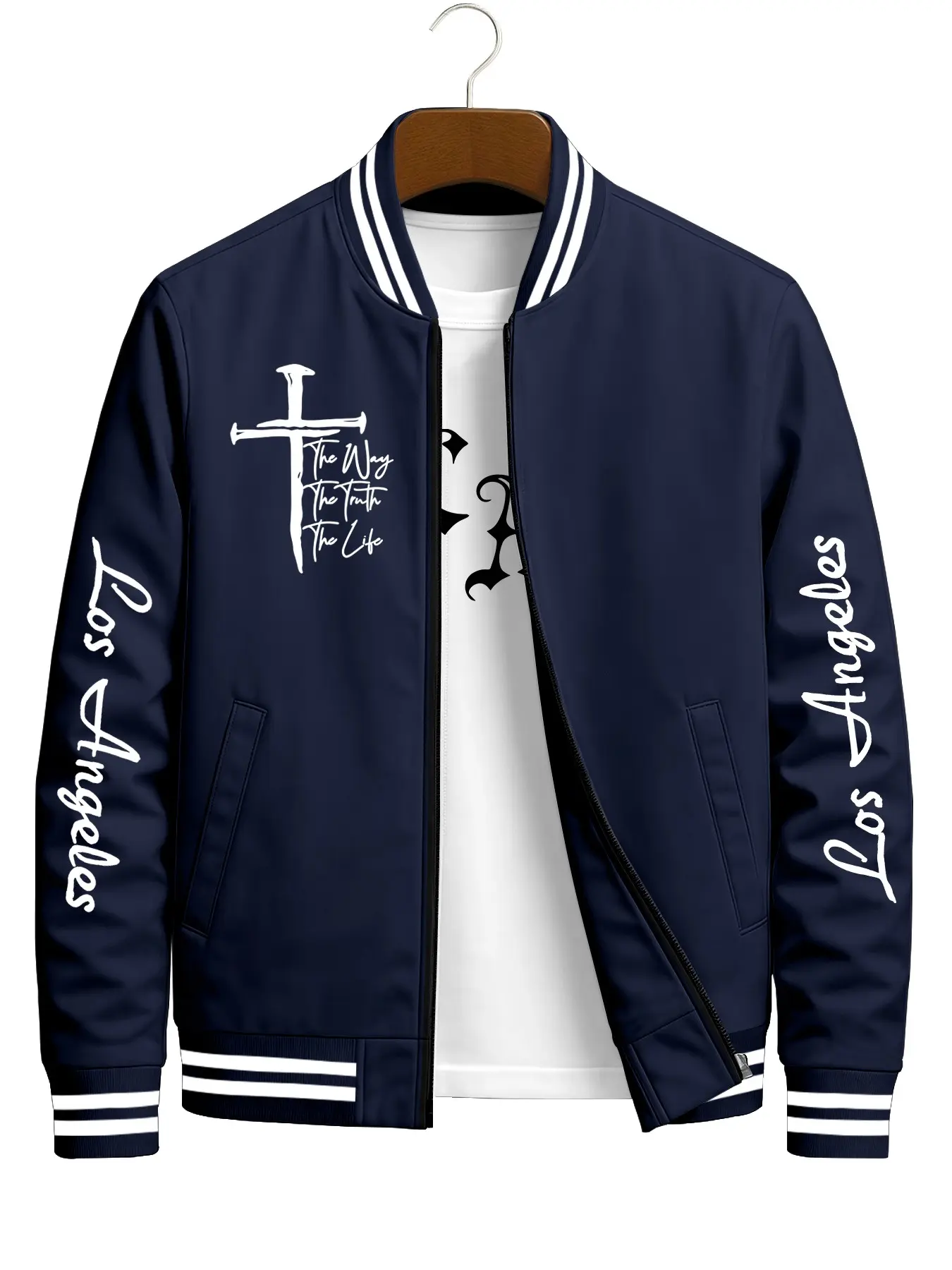 Cross Los Angeles Handwritten Font Ribbed Baseball Jacket, Casual Fitted Outerwear, Geometric Print, Fall Winter Campus Wear