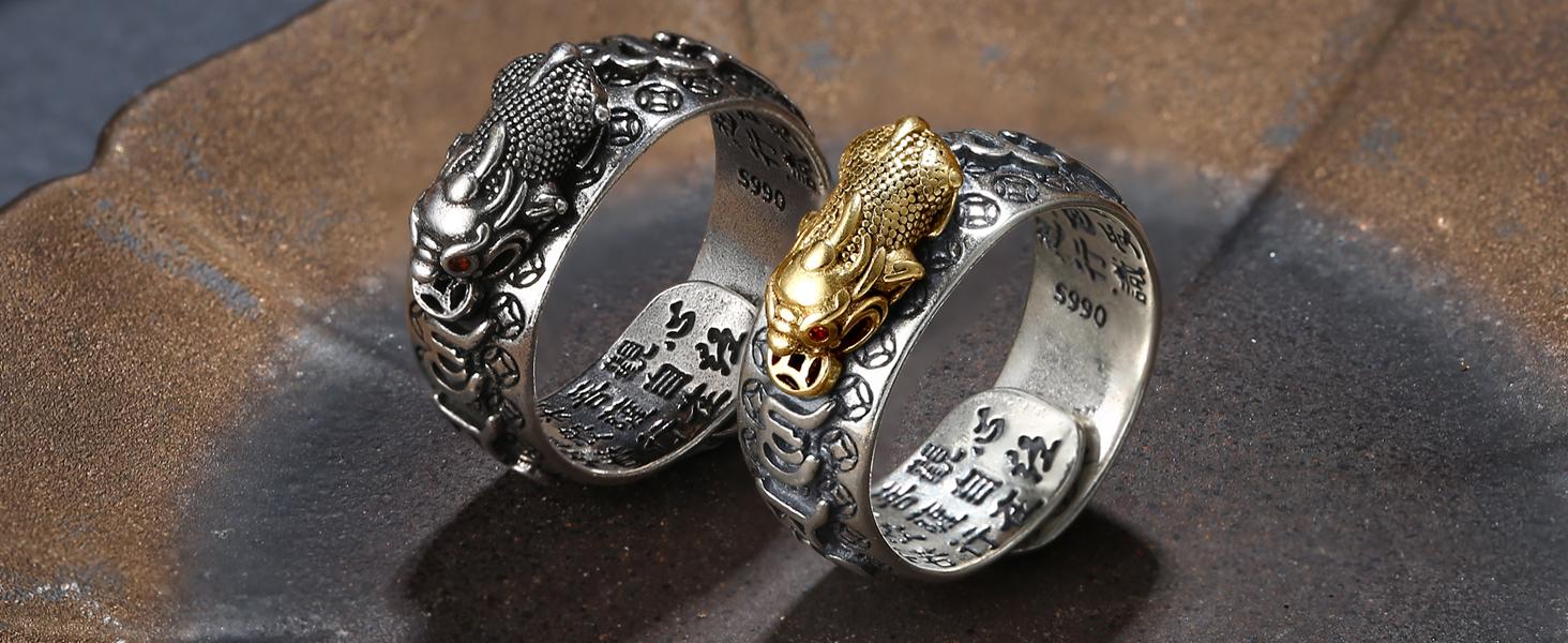 MILACOLATO Feng Shui Pixiu Mantra Ring 925 Sterling Silver Feng Shui Ring Protection Lucky Amulet Wealth Health Buddhist Vintage Adjustable Pixiu Ring for Women Men