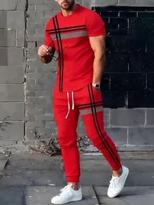 Men's Sportswear Set, Deep Blue Striped Casual Short Sleeve Long Pants Two-Piece Set, Sport Knit Set, Fashionable Breathable, Spring & Fall