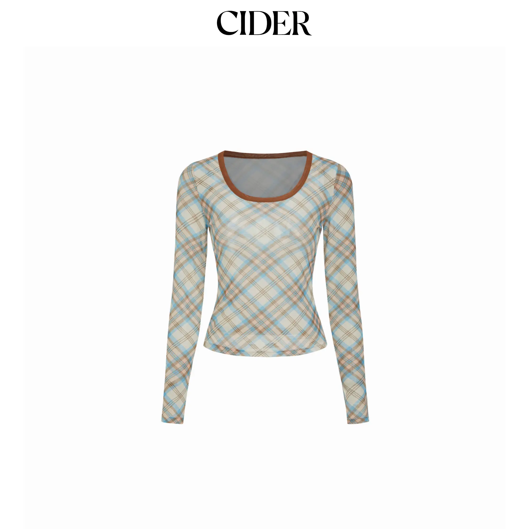 Cider Plaid Scoop Neckline Long Sleeve Contrasting Binding See-through Top SummerFinds