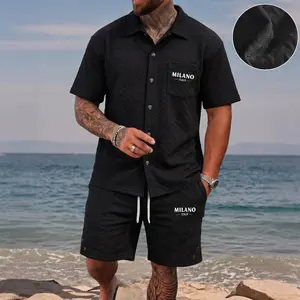 Men’s Minimal MILANO Letter Print Shirt & Drawstring Shorts Set, Casual Textured Two-Piece Summer Outfit, Lightweight Vacation Beachwear for Resort, Travel and Everyday Wear