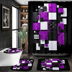 4pcs set black base purple and white textured geometric abstract shower curtain bathroom set, thicker and softer bath mat fabric! Comes with matching bath rug and toilet seat cover, modern minimalist style.