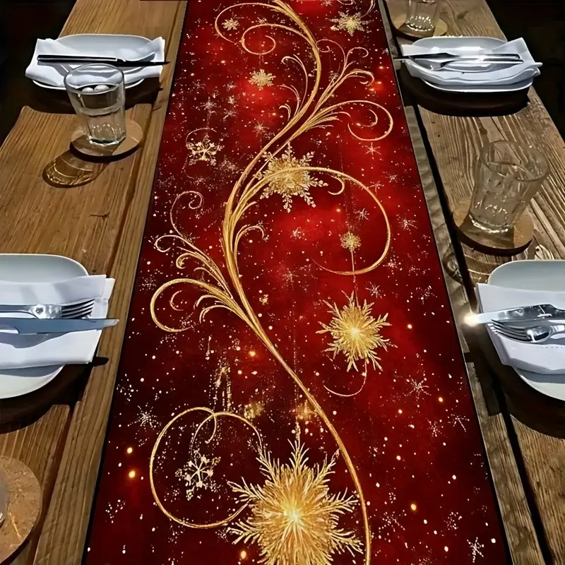 Christmas Table Runner with Shimmering Gold Snowflakes and Elegant Swirl Pattern, Durable Polyester Home Decor for Kitchen Dining Tables