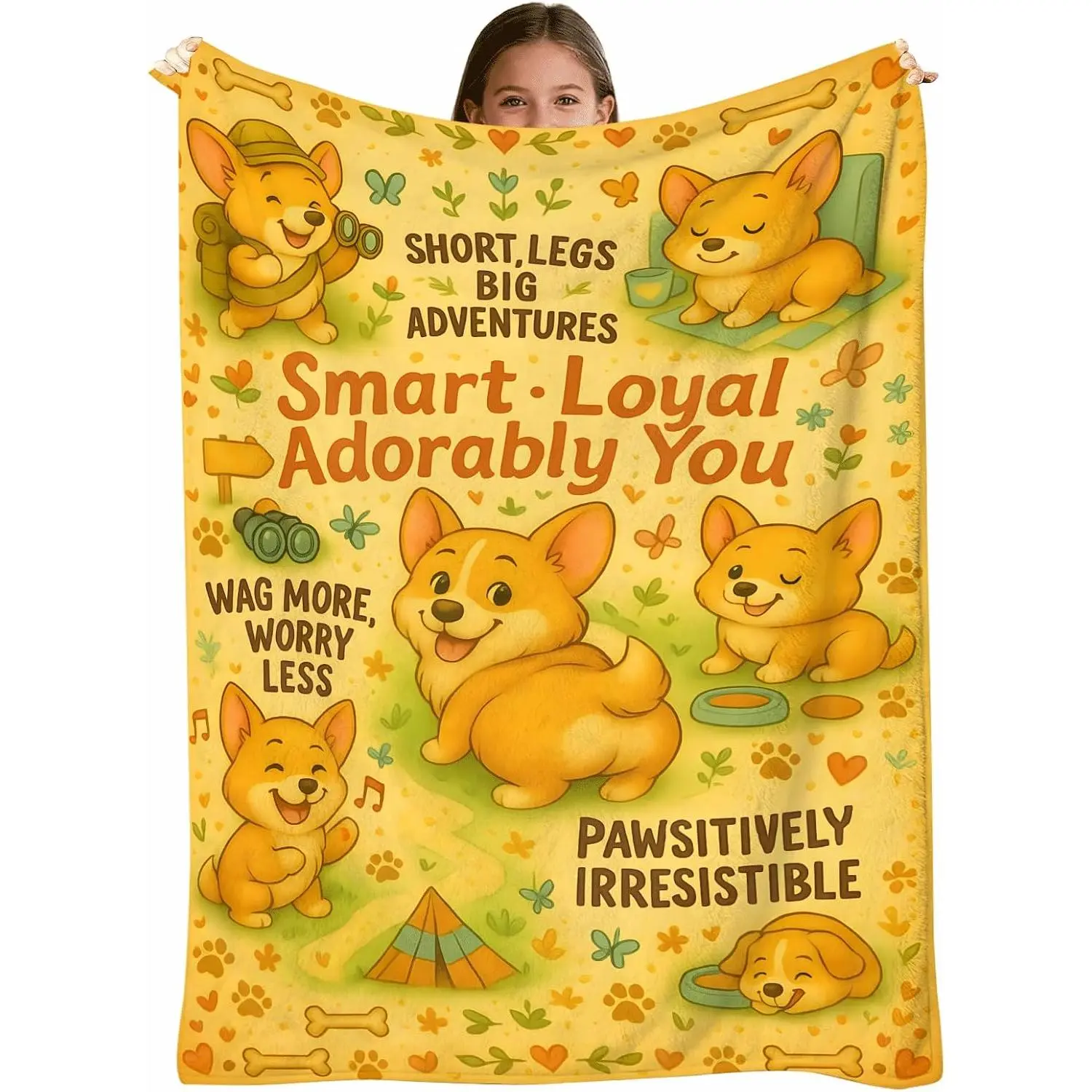 Corgi Blanket 60x50, Soft Flannel Fleece Throw, Cartoon Camping  Print, Cozy Couch Sofa Bed Decor,  for Corgi Lovers,  Teens Women, Machine Washable