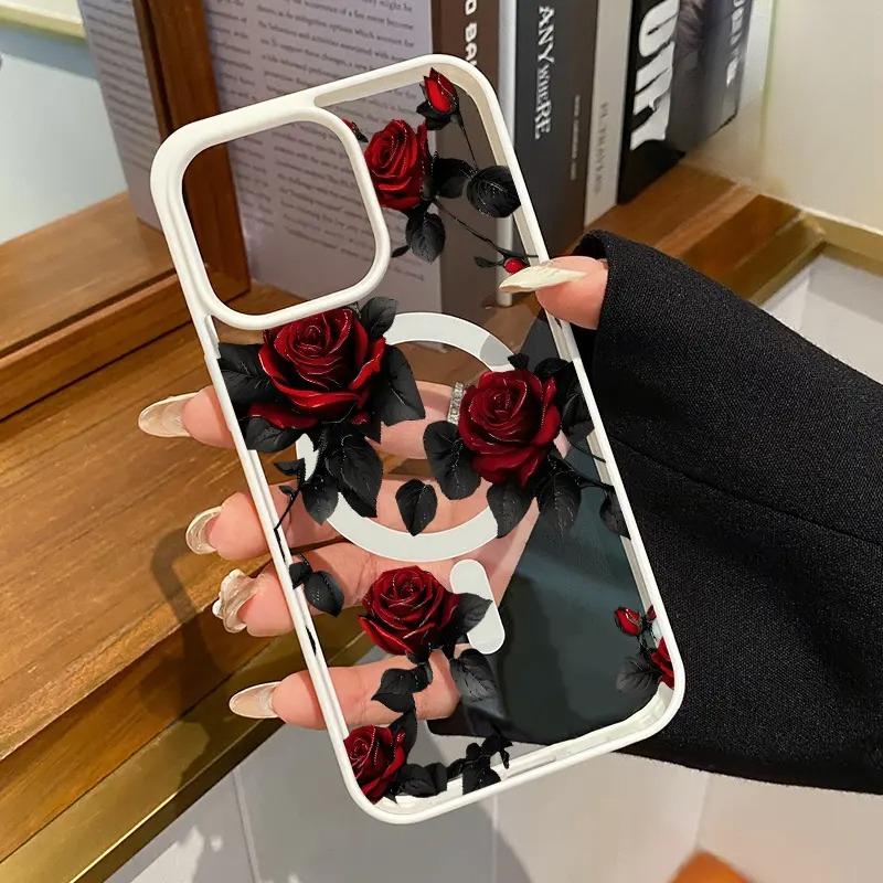 Elegant Red Roses Pattern Magnetic Phone Case Shockproof Non Slip Protection TPU Transparent Acrylic Cover Cellphone Protective   Supports Wireless Charging Smartphone for iPhone 17 15 16 14 Pro Max 13 12 Air Plus