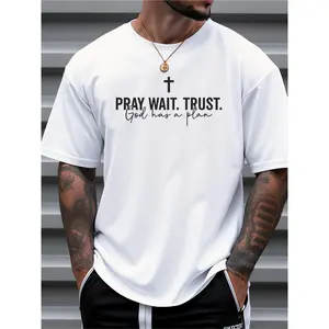Men'S Black Short-Sleeve Tee Featuring a Print That Says 'Pray Wait Trust God Has A Plan'.This Casual Crew Neck Shirt Is Made from Breathable with a Slight Stretch