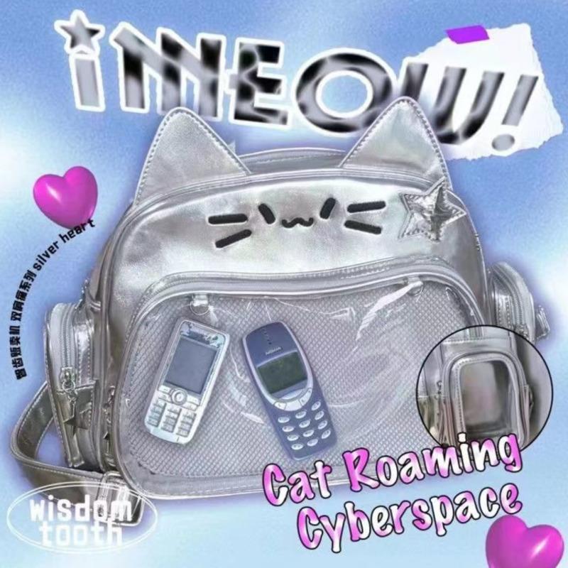 New Y2K Korean Kawaii Cat Ita Bag Cute PU Shoulder Bag Girls Transparent Pocket Harajuku Crossbody Bag Women's Fashion Backpacks