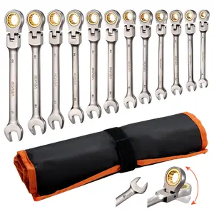 VEVOR Flex-Head Ratcheting Wrench Set, 12-Piece Metric 8 mm to 19 mm, 72 Teeth, Cr-V Steel Ratchet Flexible Combination Wrench Set with Roll Up Pouch, for General Household and Automotive Repairs