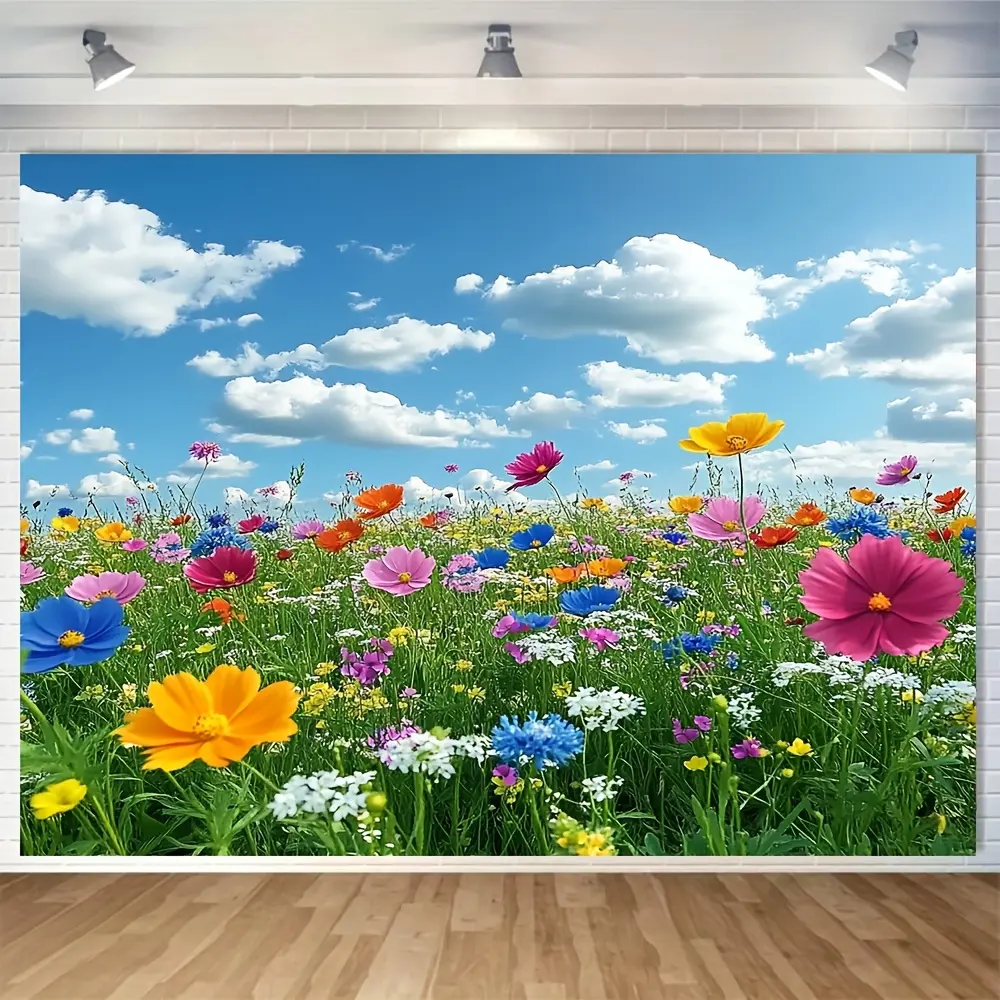 1pc Synthetic Polyester Spring-Themed White Clouds & Colorful Flowers Tapestry - Durable, Hangable, No Power Required - Ideal for Outdoor Decor, Yard Backgrounds