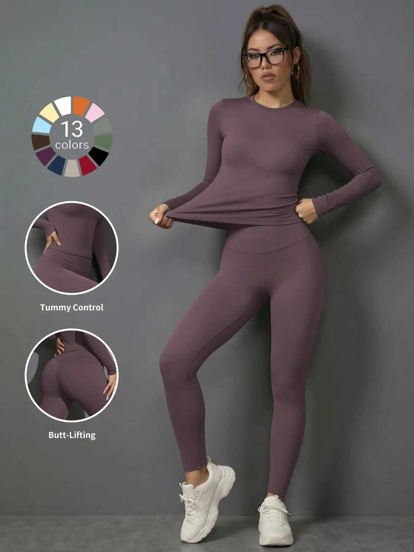 Women's Sporty Two-Piece Set, Fitted Sportswear Set, Long Sleeve Round Neck Tight Top + High Waist Butt-Lift Stretch Pants, Soft & Elastic, Ideal for Gym, Running, Training