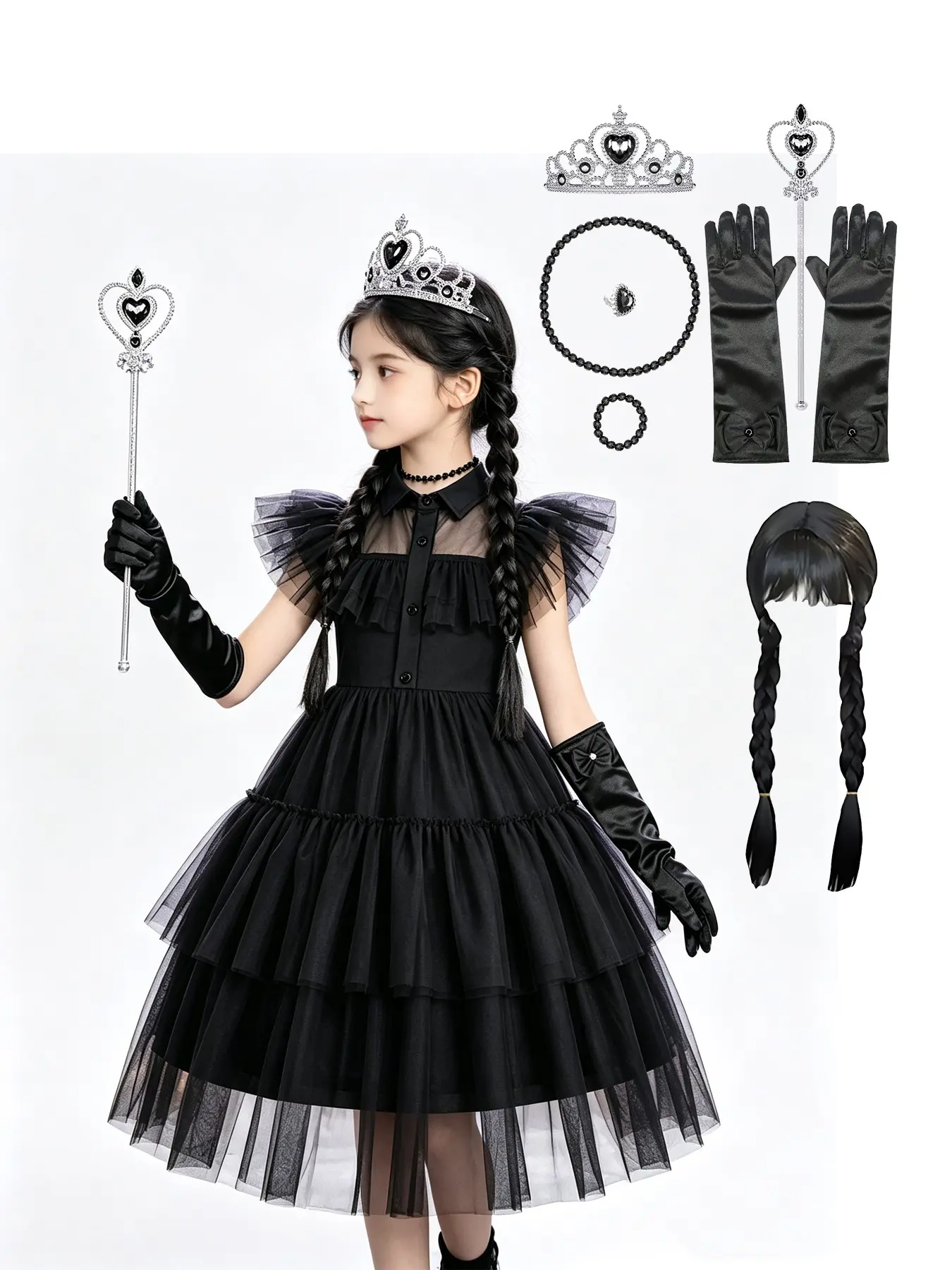 7-Piece Set, Girls' Lolita Princess Dress, Halloween Dark Cosplay Costume, Includes Crown Wand Gloves Jewelry Set, Cosplay Accessories, Birthday Party Performance Gown Set