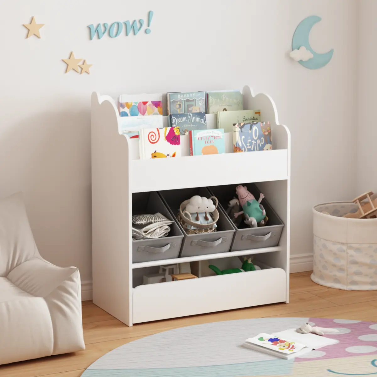 MDF Wood Multi-Shelf Kids Book Shelf with Drawers & Fabric Storage Bins - 25.79 x 13.39 x 31.50 Inches, 36.24 lbs Sturdy Fully Assembled Organizer for Toddlers’ Nursery Standing Storage Units, 36.24 Pounds