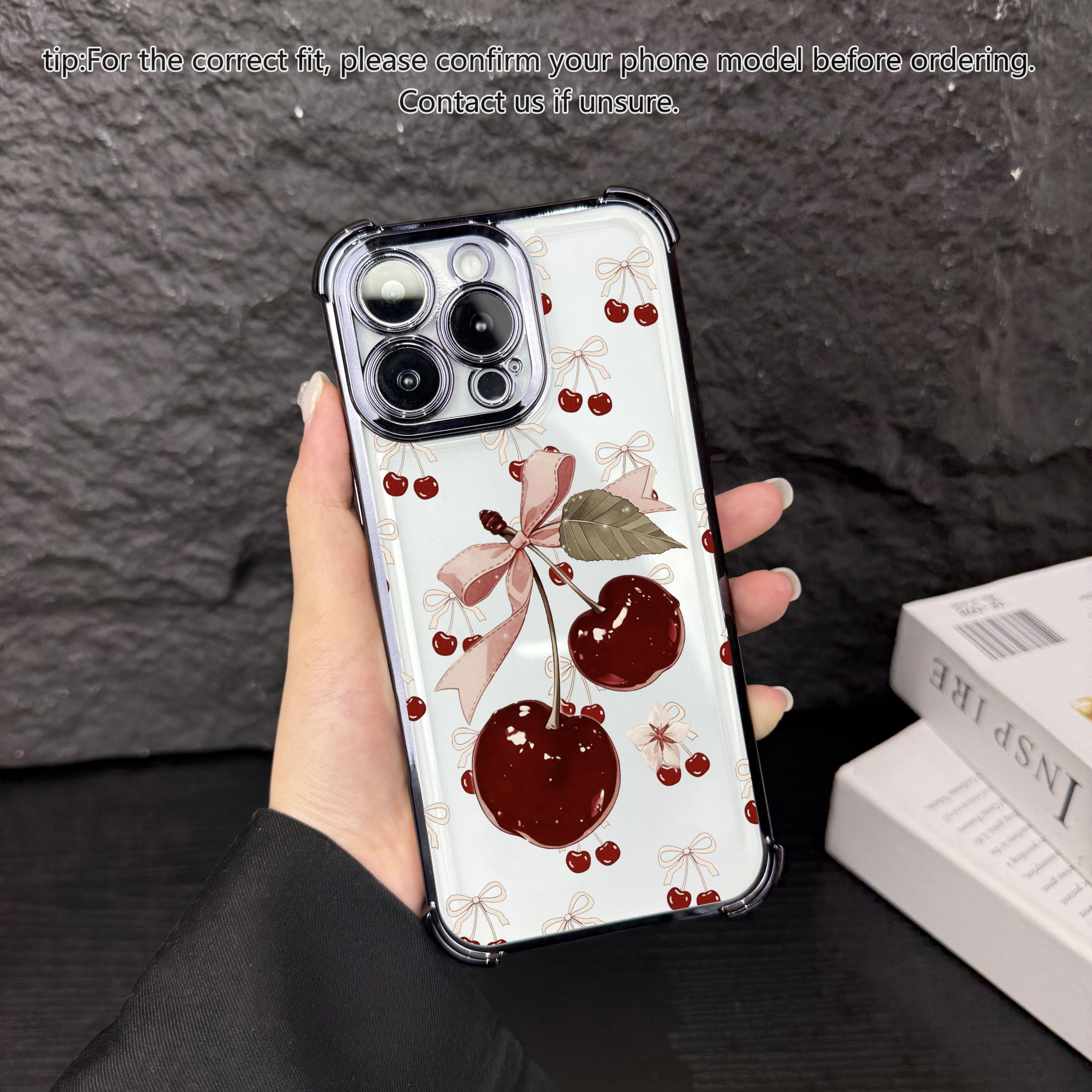 Cute cherry patterned electroplated transparent phone case with four corner airbags to prevent falls, suitable for iPhone 17Pro Max Air 16 15Plus 14 13 12 11 XR XS Samsung Galaxy S26 Ultra S25 Ultra S24 S22 phone case-A186