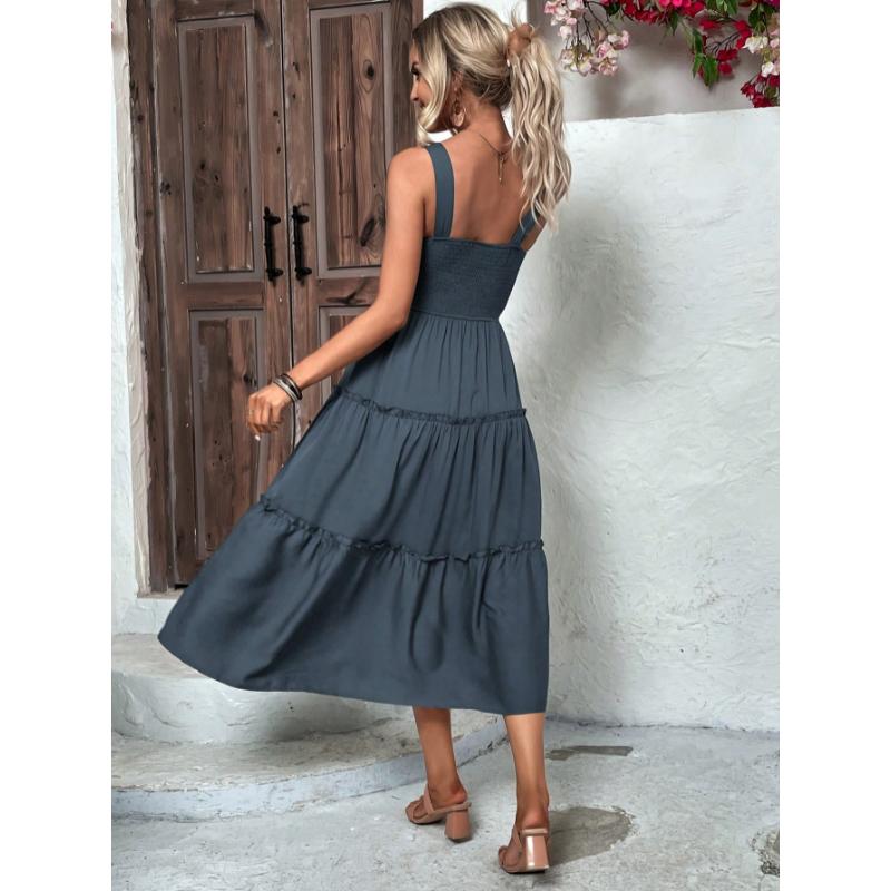 SHEIN Clasi Shirred Bodice Ruffle Hem Cami Dress Maxi Women Outfit
