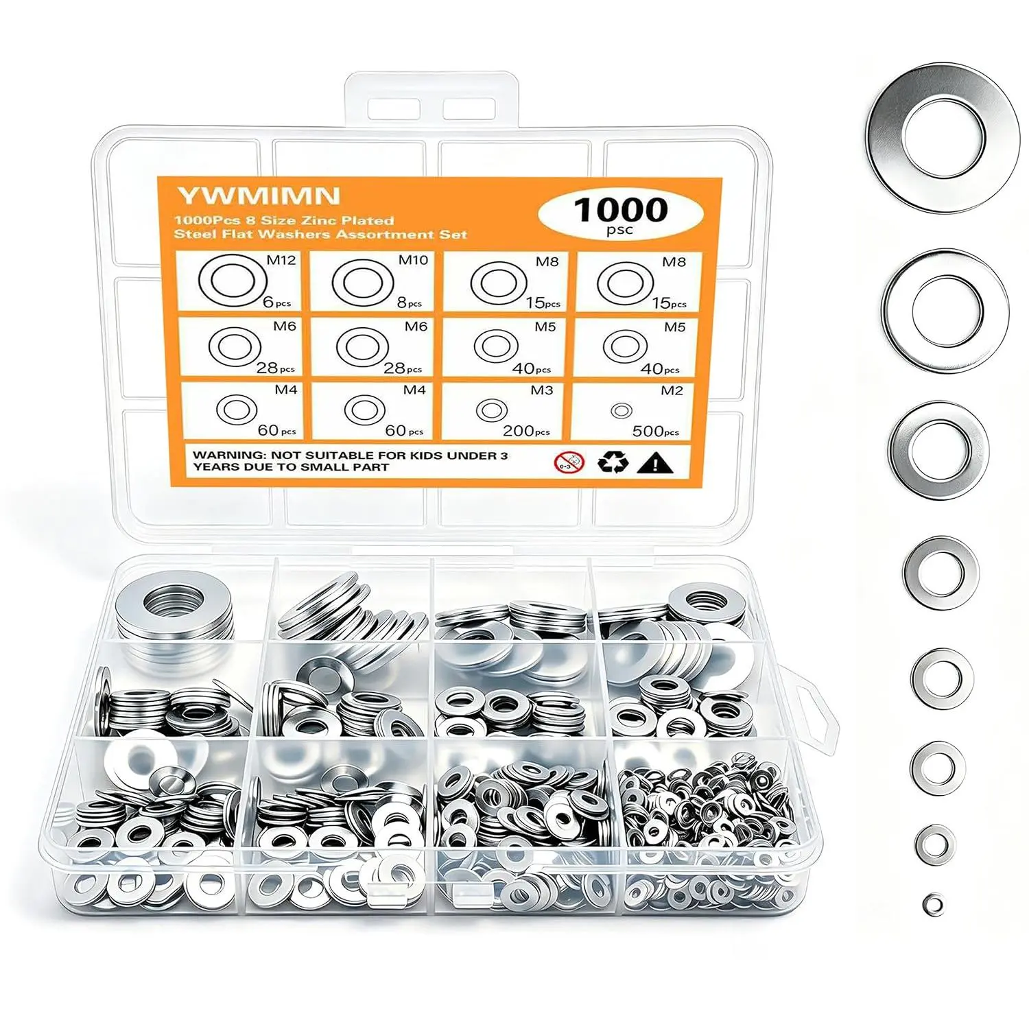 1000Pcs Zinc Plated Flat Washers Washers for Screws M2 M3 M4 M5 M6 M8 M10 M12 Washers Large and Washers Kit