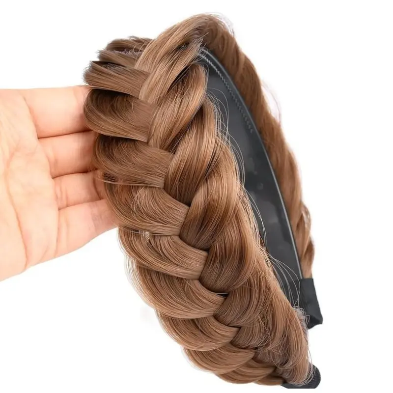 Women's Wide Fishtail Braided Headband with Teeth - Chunky Plait, Elastic Band, Synthetic Fiber, Unisex, High Elasticity Hairpiece, Cute Y2K Coquette Accessory, Medium Brown, One Size