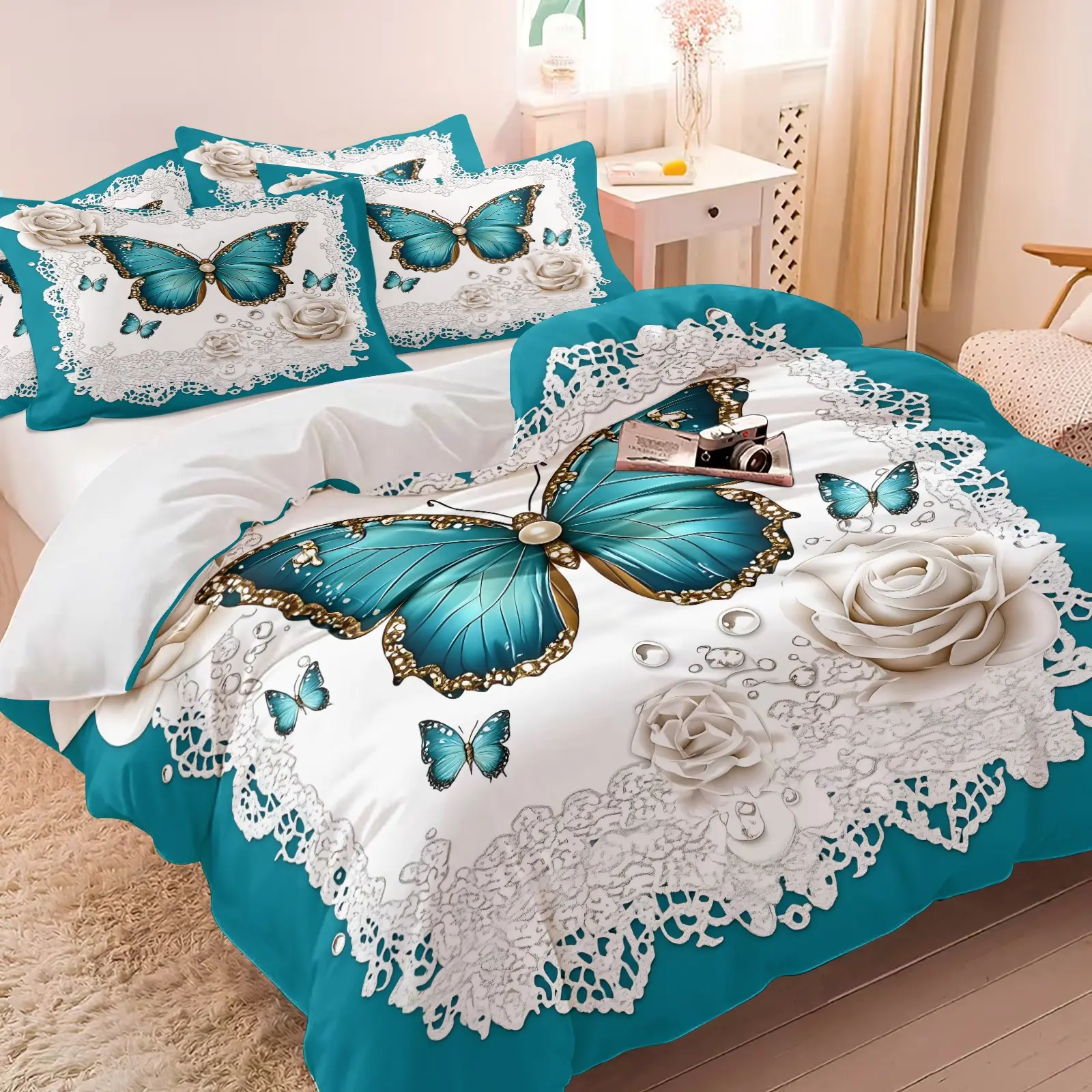 Teal Butterfly Rose Lace Print Duvet Cover Set, 1 Duvet Cover & 1/2 Pillowcases No Filling, Soft Microfiber Floral Bed Linens, Elegant Modern Gift for Teens Women Adults Bedroom Dorm Decor