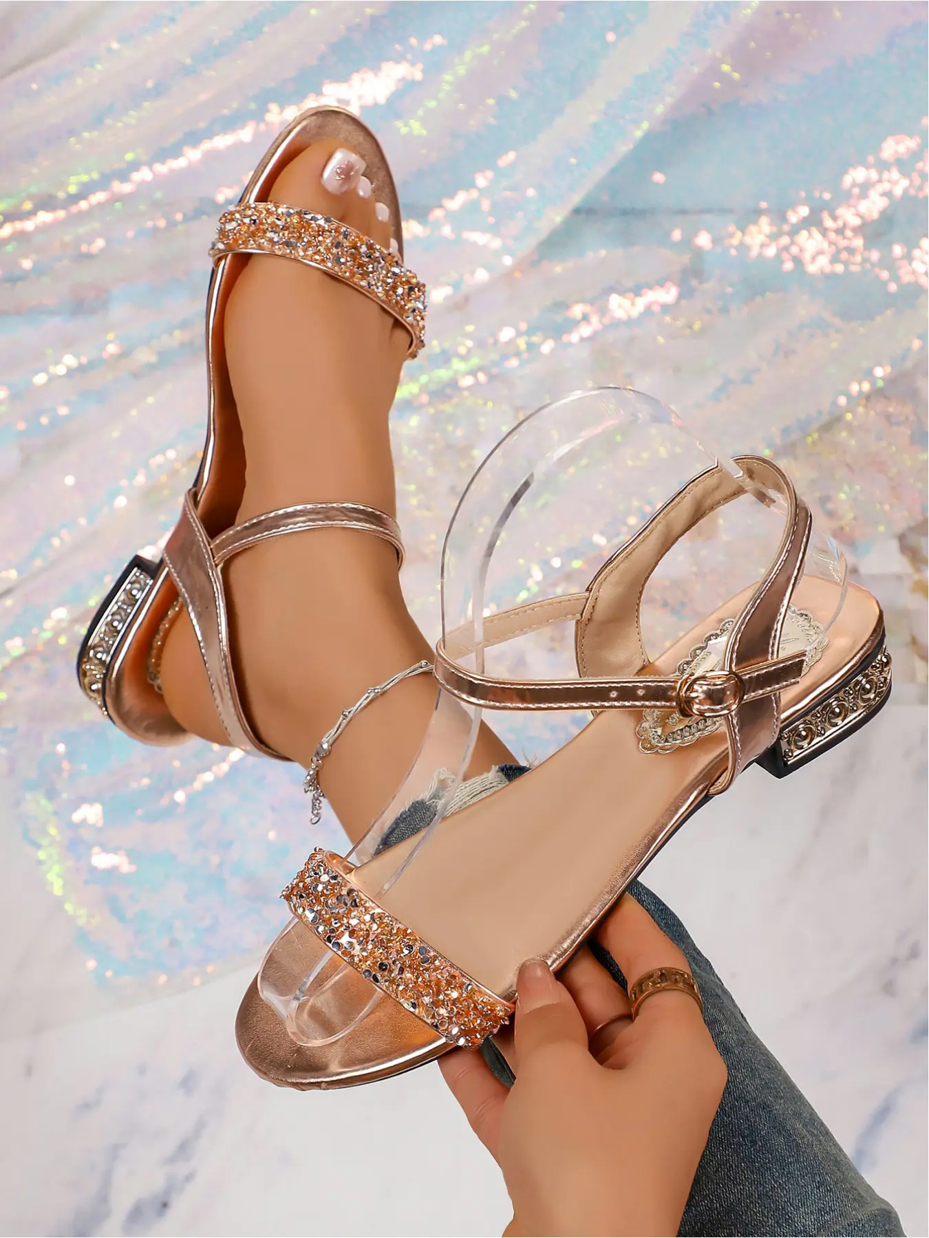 Luxury Rhinestone Low Heel Sandals Gold/Champagne Buckle Ankle Strap Date Shoes