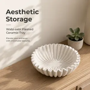 Wabi-Sabi Pleated Ceramic Decor Tray, Scalloped Edge Round Storage Dish for Entryway Key Jewelry Fruit Display