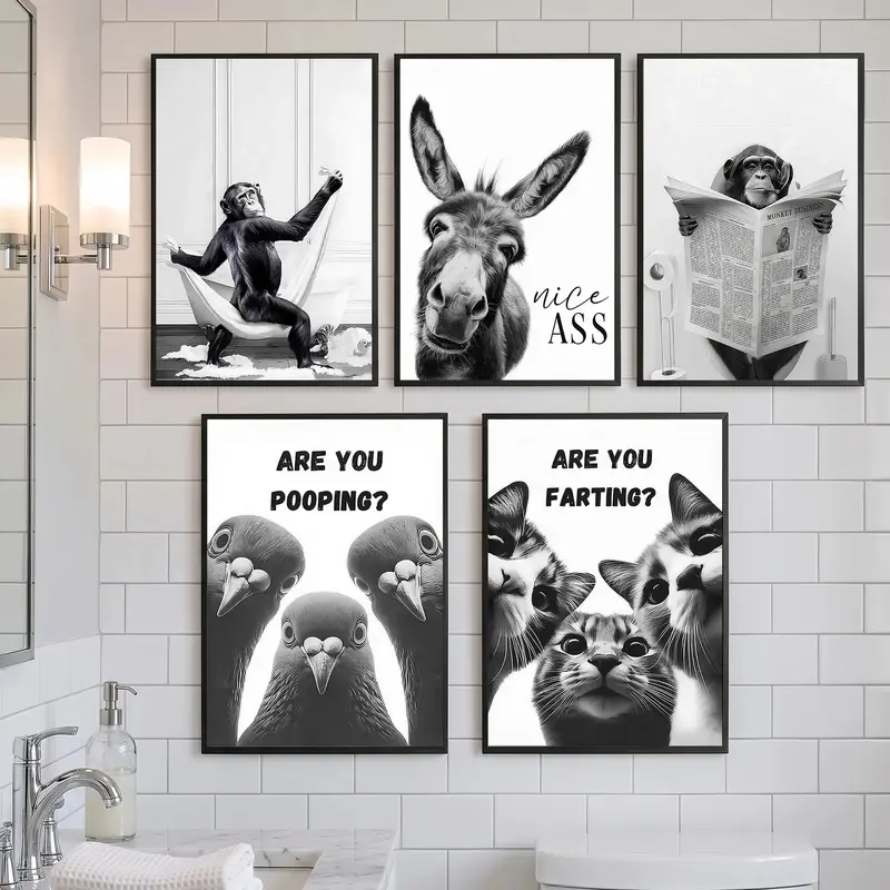 Fun bathroom wall decorations, black and white bathroom wall decorations, cute and humorous animal posters, suitable for decorating bathrooms and toilets.