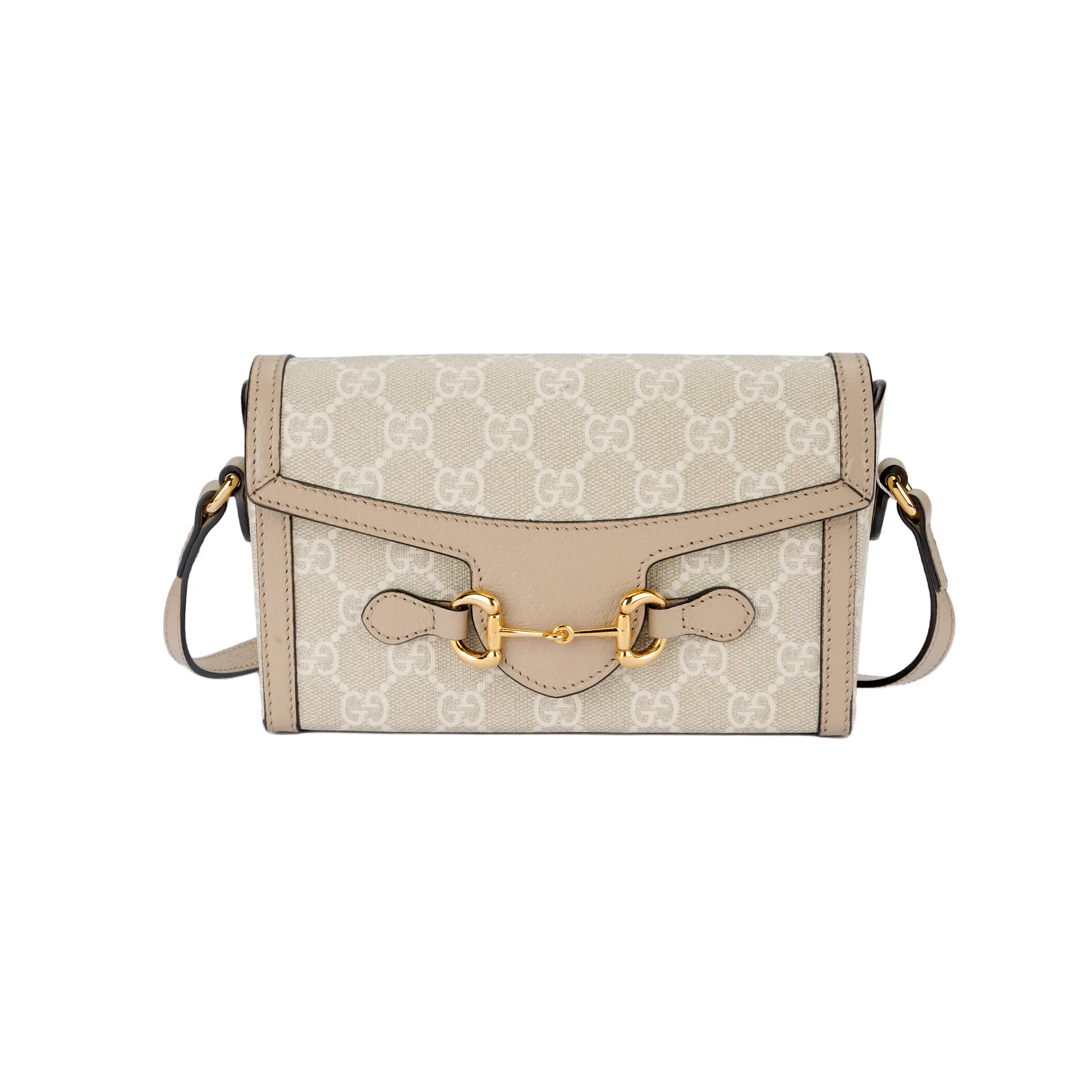Gucci Horsebit 1955 Mini Crossbody Bag for Women – Beige and White Canvas with Leather Trim