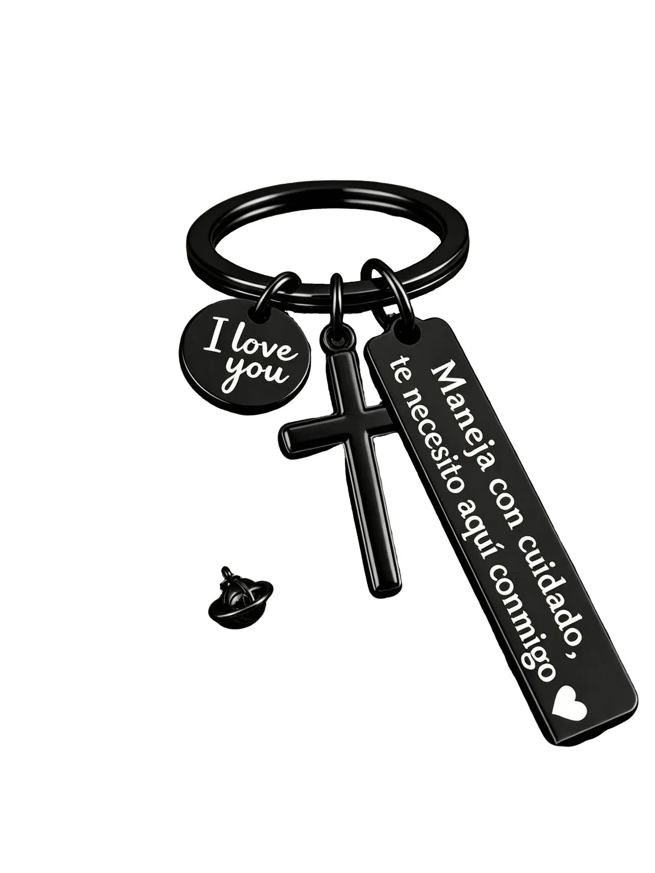 Spanish Keychain with Cross & "I Love You" Charm Stainless Steel Keyring Driving Safety Keychain for Couples Romantic Religious Gift for Him Her Heart Rate Couple Bracelet