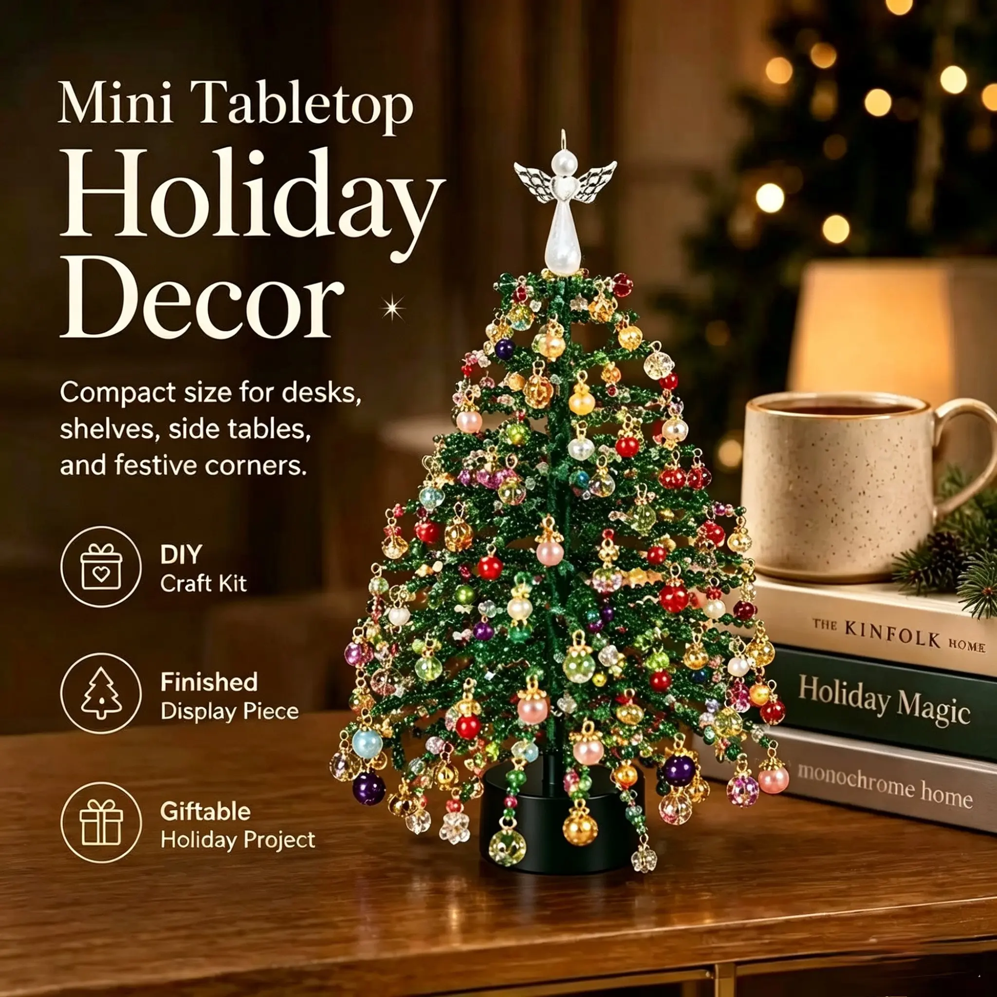 Homemade Beaded Christmas Tree Mini Beaded Desktop Christmas Tree Handmade Kit, Colored Pearl Small Christmas Tree Desktop Holiday Decorations for Tables, Bookshelves, And Interior Home Decor