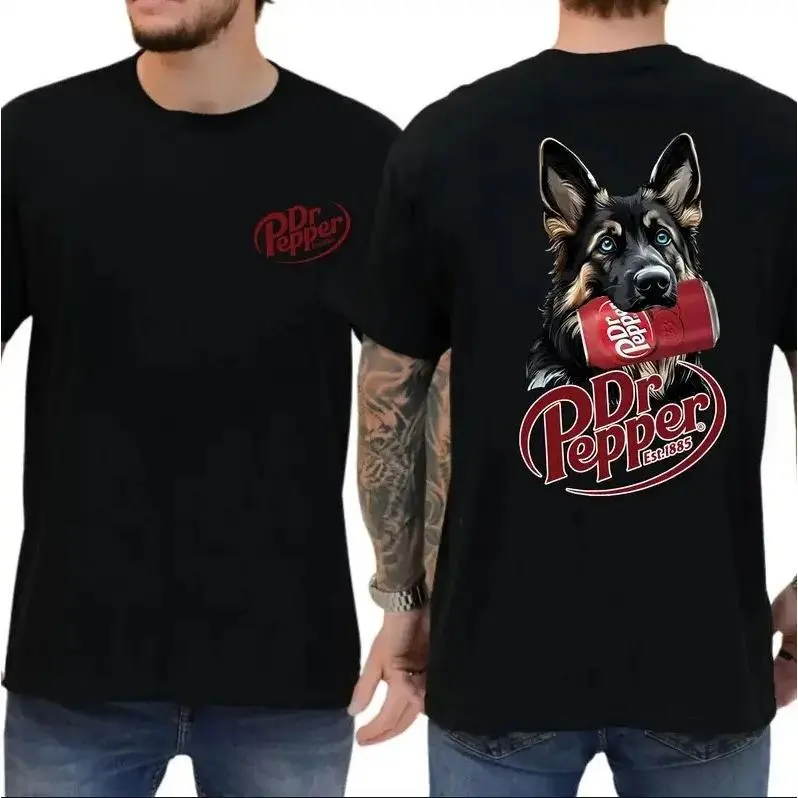 Men's Short-Sleeve Dr Pepper German Shepherd T-Shirt - 2-Sided Vintage Soda Graphic, Retro Dog Lover Casual Streetwear Top, Comfort Color Sweatshirt, Hoodie
