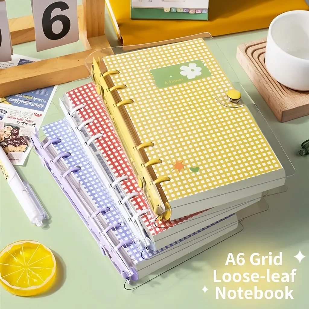 Cute Grid Transparent Cover Loose-Leaf Writing Notebook, 60 Removable Pages, Large Capacity, Soft Touch, Ideal for Students and Teachers, Craft Scrapbook
