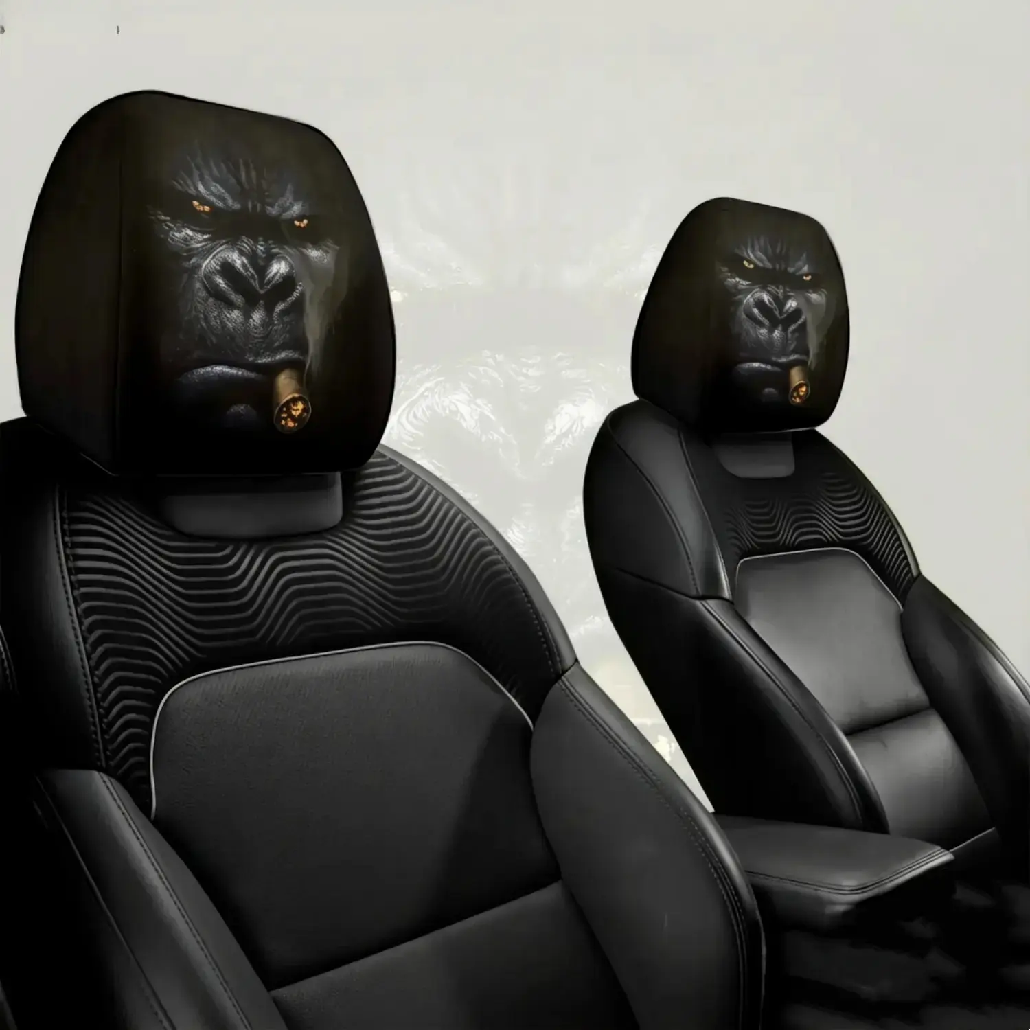 2Pcs Cool Gorilla Face Car Headrest Covers, Stylish Animal Pattern Soft Neck Support Cushions, Universal Elastic Wear‑Resistant Head Rest Protector, Versatile Vehicle Interior Decor Accessories for Men Drivers Holiday Gift Idea