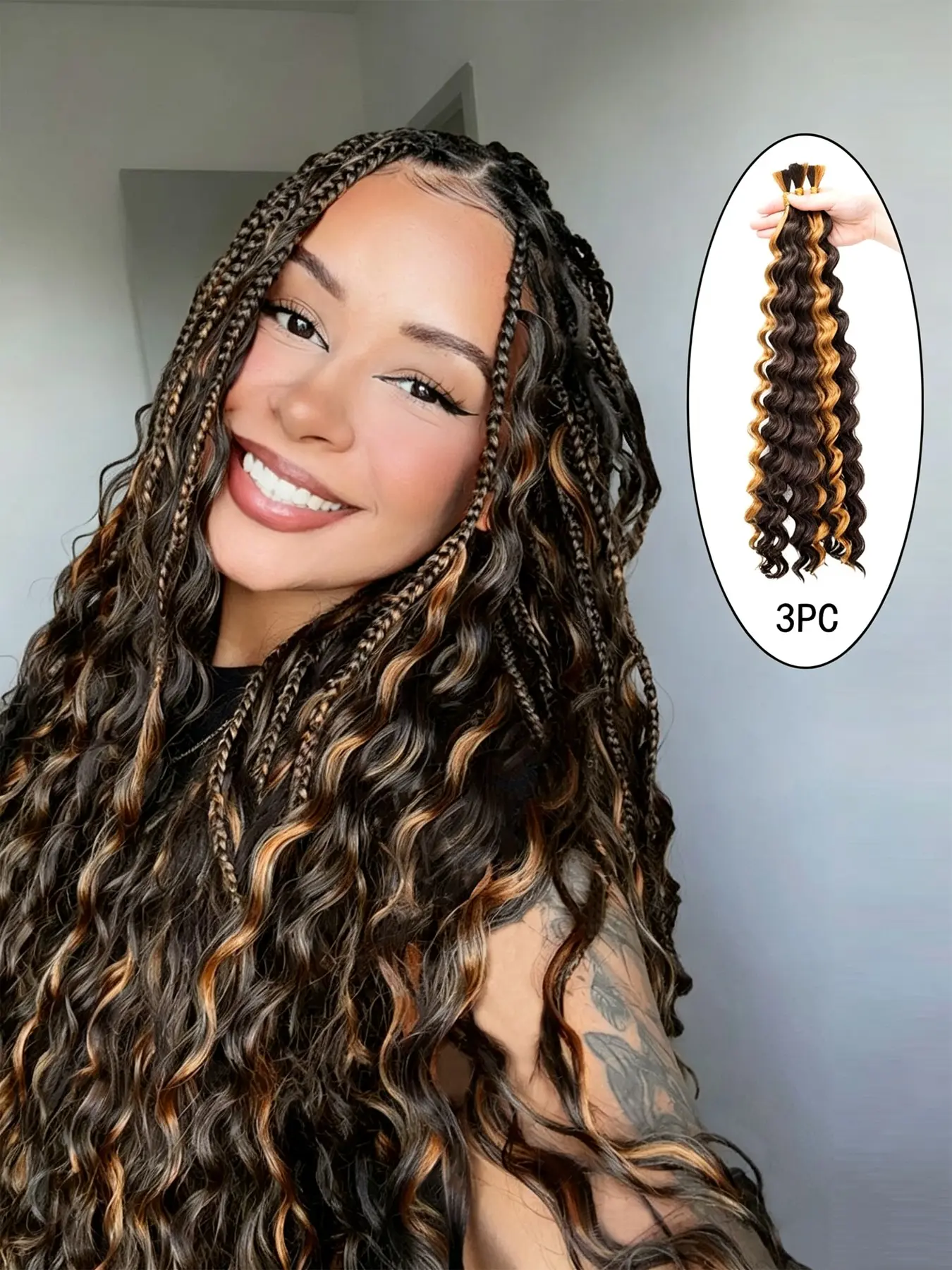 Prestretched Braiding Hair for Boho Braids Highlight Balayage Deep Wave Boho Bulk Hair for Braiding Knotless Wet and Wavy Bohemian Braids No Weft Professional Soft Yaki Texture, Synthetic, 3 Bundles 4/27 Color