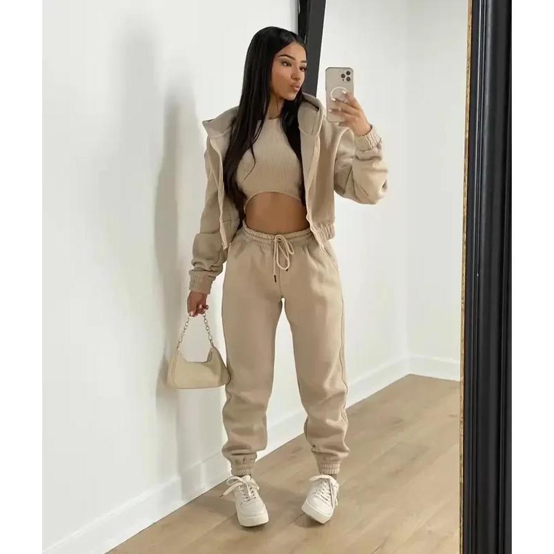 Women's Clothing Set Fleece-lined Hooded Sweater &Sleeveless Tank Top & Sports Sweatpants Pants Can be used with raincoat