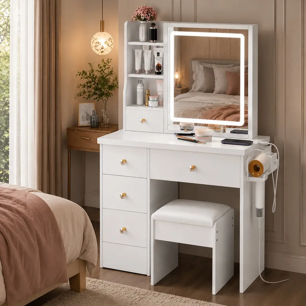 ARCH 29.2" White MDF Built-in Makeup Vanity with Lights - Makeup Dressing Desk for Bedroom, Small Space Design, Cushioned Stool, Left Drawer, Touch Control Tri-Color Dimmable LED Mirror, 2 AC Outlets, USB & Type-C Ports, Hair Dryer Bracket