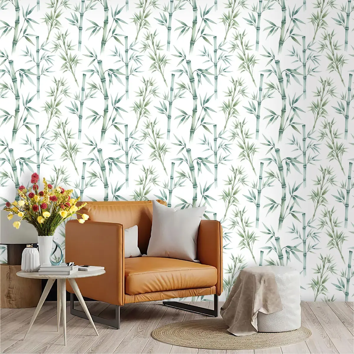 Watercolor Hand-Painted Bamboo Wallpaper, PVC Material, Mould-Proof, Easy Peel-And-Stick, Ideal for Kitchen/living Room/bedroom Decor
