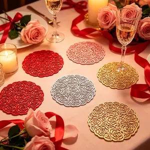 6pcs Rose Garden Valentine's Day PVC Golden Foil Coasters, Suitable for Wedding Party Table Decor Cup Holders, Rose Garden Coasters