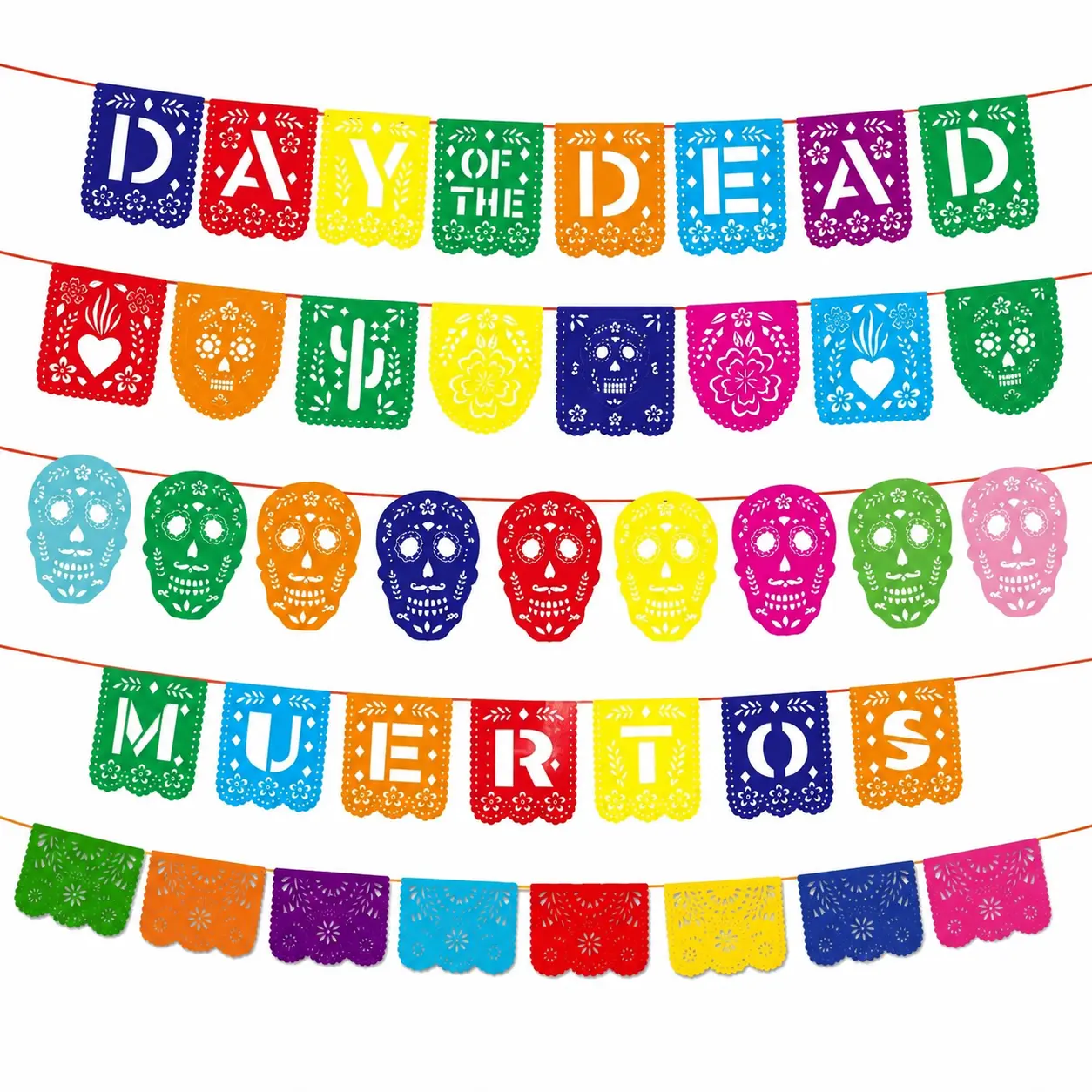 Colorful Mexican Fiesta Piñata Banner with Intricate Cut-Out Sugar Skull Motifs, Felt Fabric Decor for Day of the Dead Parties, Festive Hanging Garland for Indoor Outdoor Celebrations