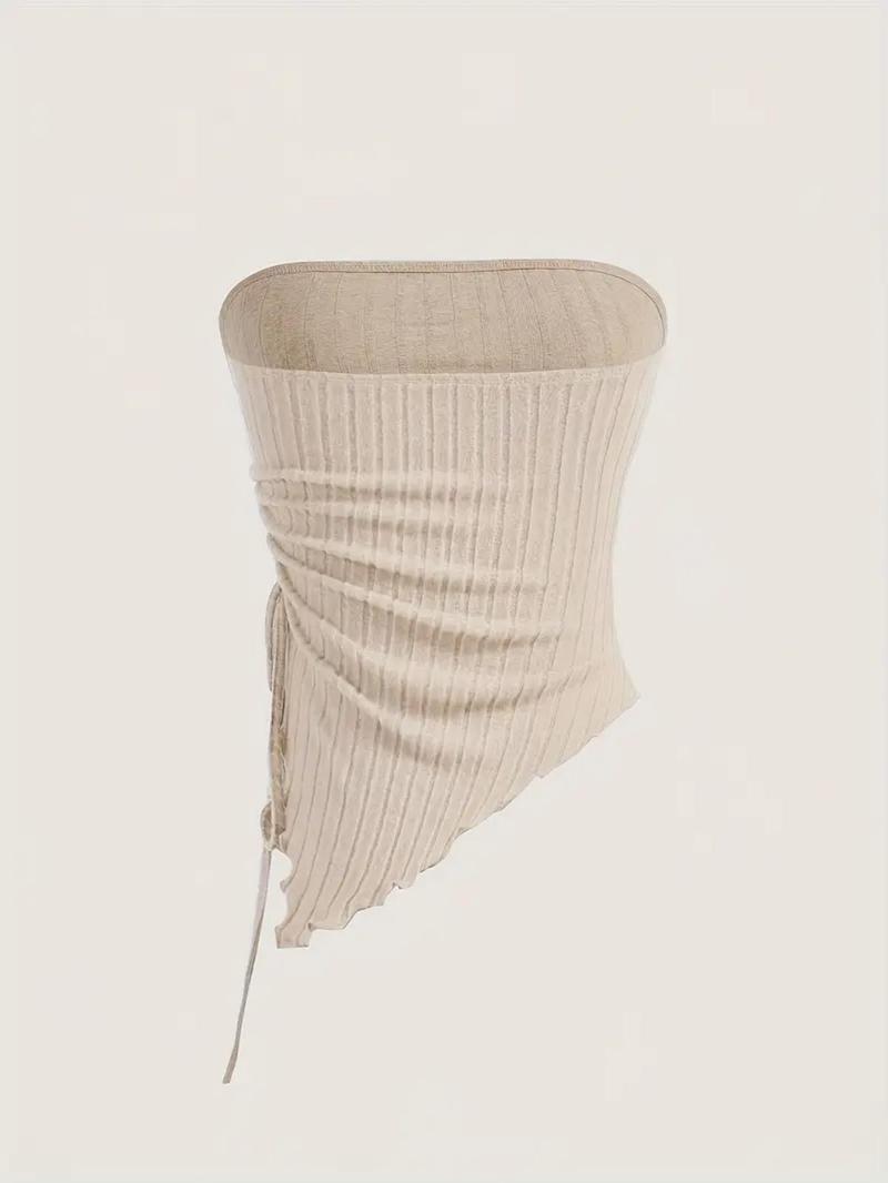 Women's Solid Ruched Backless Crop Tube Top, Casual Drawstring Asymmetrical Hem Sleeveless Top for Summer, Minimalist Women's Clothing for Daily Wear, Casual Fitted Sleeveless