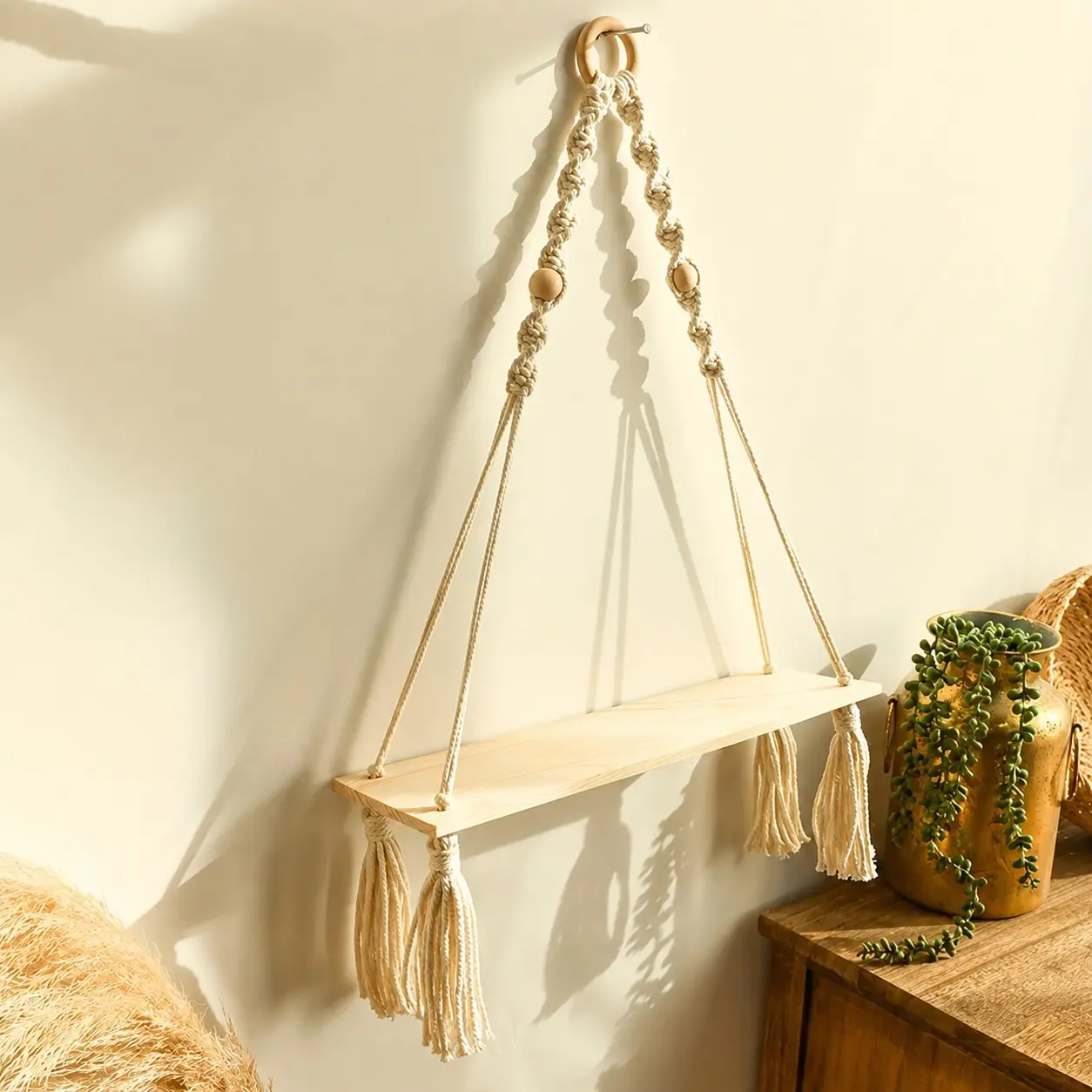 Boho Handmade Paulownia Fortunei Plant Floating Rope Rack, Decorative Storage Stand for Bedroom Nursery Barn Living Room College Decoration, Wooden Wall Shelf, Wall Plant Hanger, Floating Plant Hangers, Plant Hangers Indoor, Decoration Items