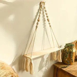 Boho Handmade Paulownia Fortunei Plant Floating Rope Rack, Decorative Storage Stand for Bedroom Nursery Barn Living Room College Decoration, Wooden Wall Shelf, Wall Plant Hanger, Floating Plant Hangers