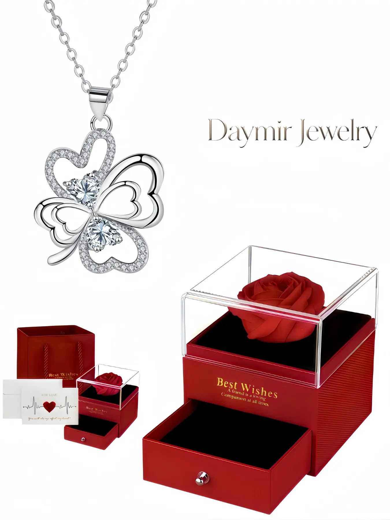 "Lucky Leaf Charm", four-leaf clover gem choker necklace with preserved rose jewelry box, perfect gift for birthdays, Mother’s Day, Valentine’s Day and Christmas.