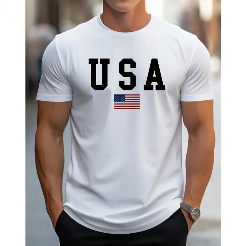 [100% Cotton] Men's Patriotic USA Flag Print Cotton T-Shirt -  Cotton Crew Neck Short Sleeve, Slight Stretch Knit Fabric, Regular Fit All-Season Comfort,  Golf Gift T-Shirt For Men and Women