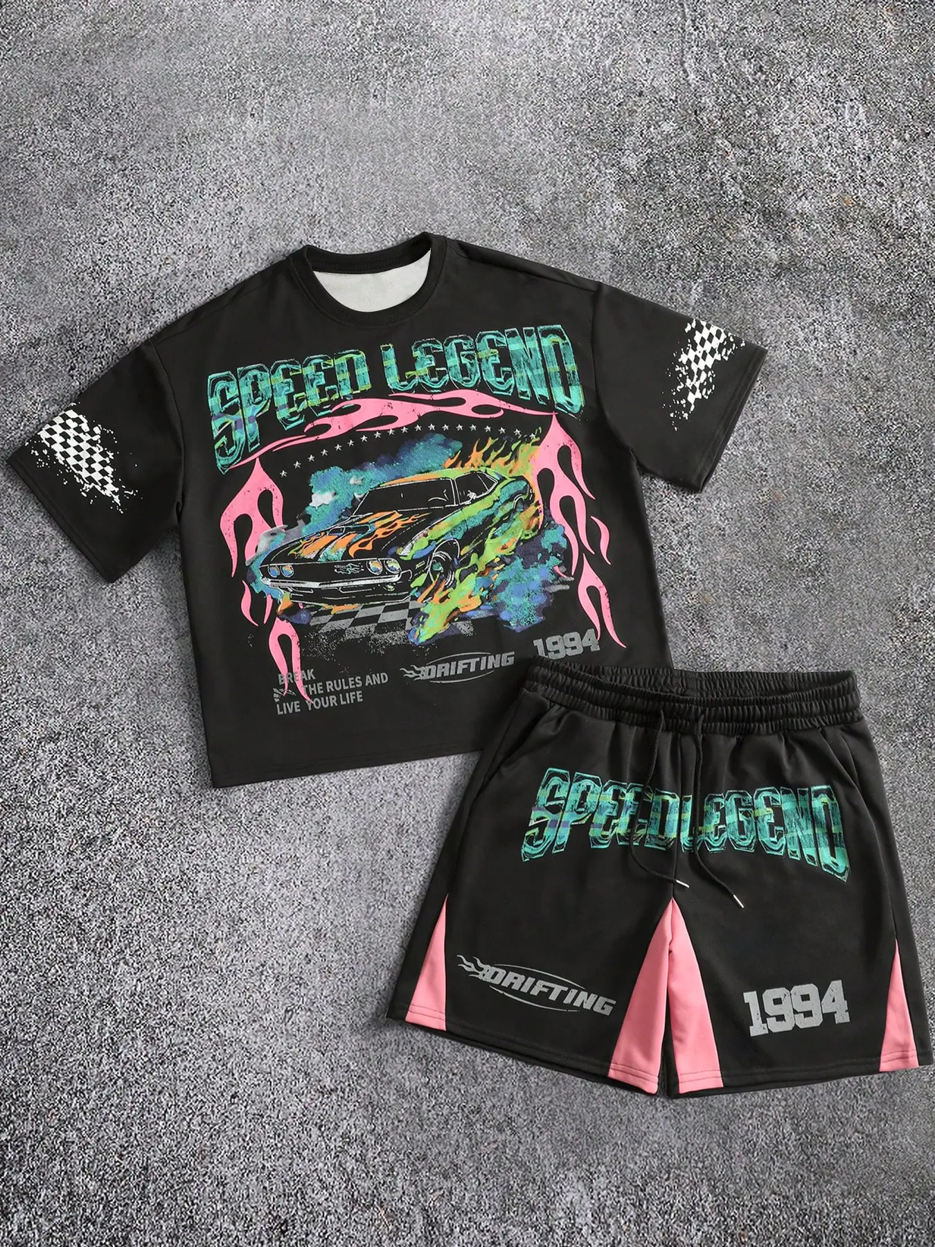 American street racing style two-piece set, including a fluorescent casual T-shirt with Print and shorts, suitable for all seasons.