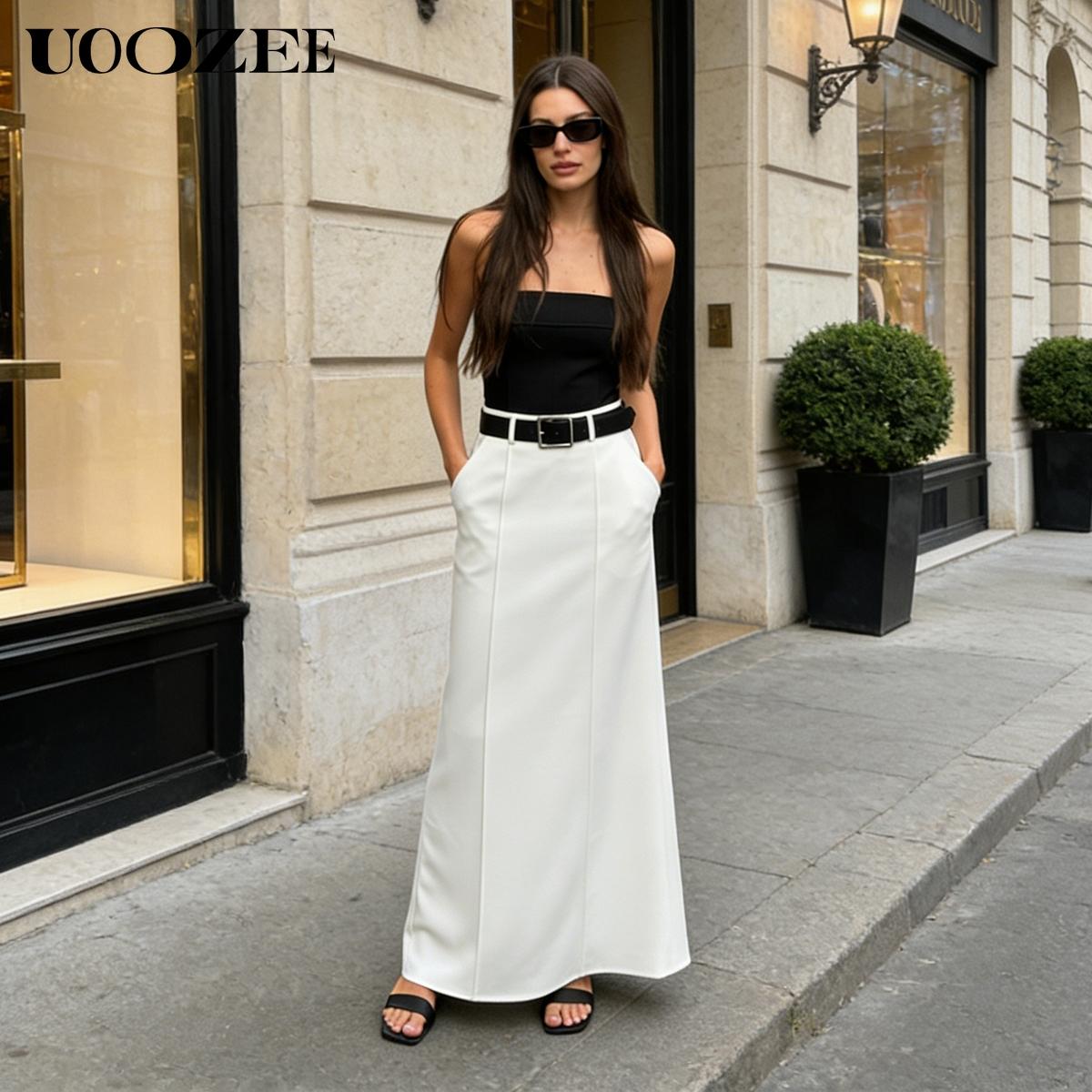 UOOZEE Women's 2026 New Autumn Spring Old Money H-Shaped Basic Womenswear Maxi Skirt, Minimalist Solid Loose Fit Zipper Elegant Daily Outings Date Night Outfit, Commuting Bottoms with Pockets